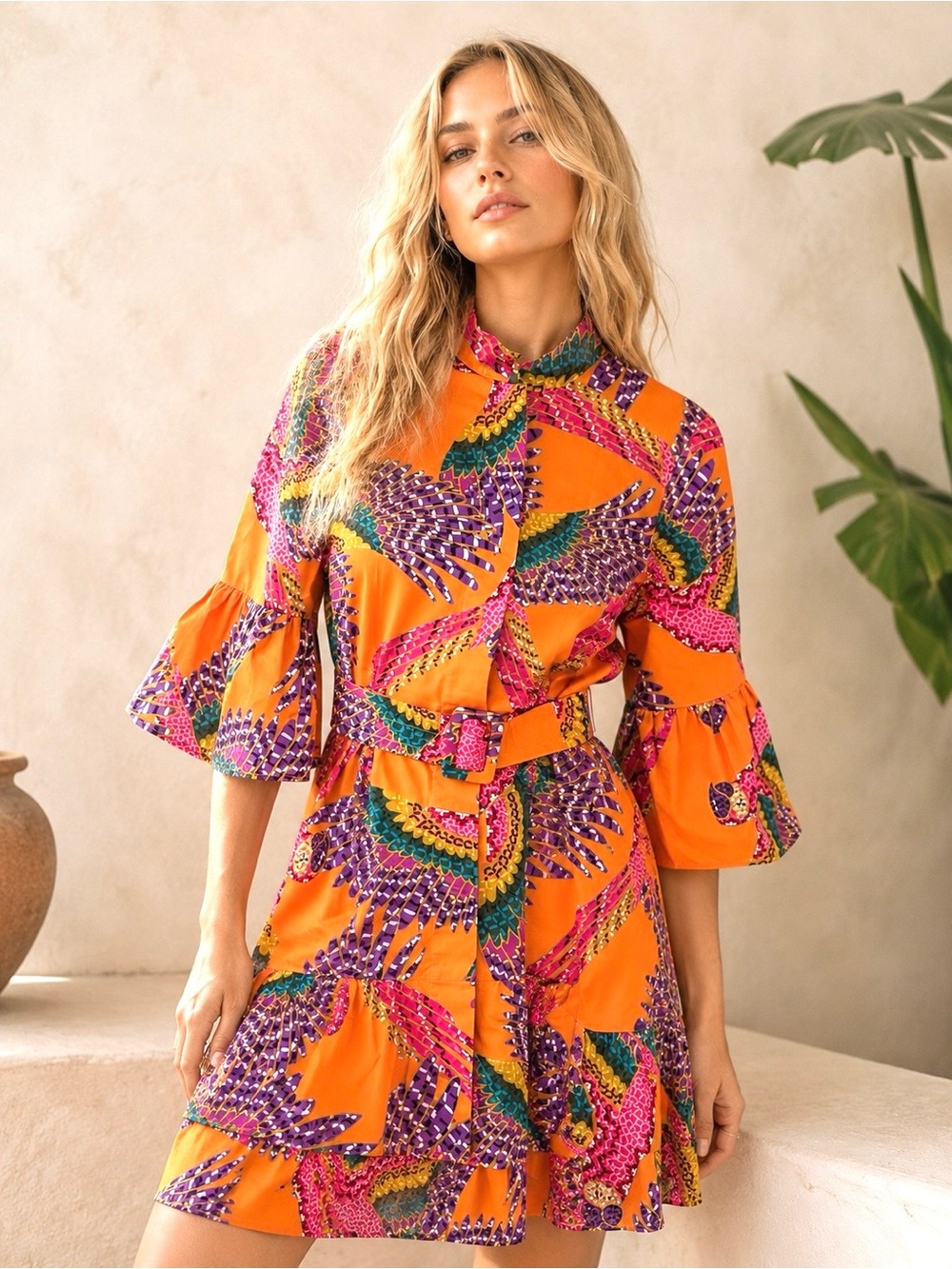 FARM Rio Beaded Macaws Mini Dress Orange Tropical Belted Medium
